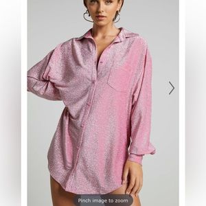 Showpo Ruri Mini Dress - Sparkly Oversized Shirt Dress in Pink